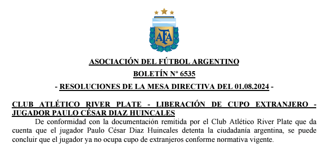 Oficial: la AFA confirmó que Paulo Díaz ya liberó su cupo de extranjero